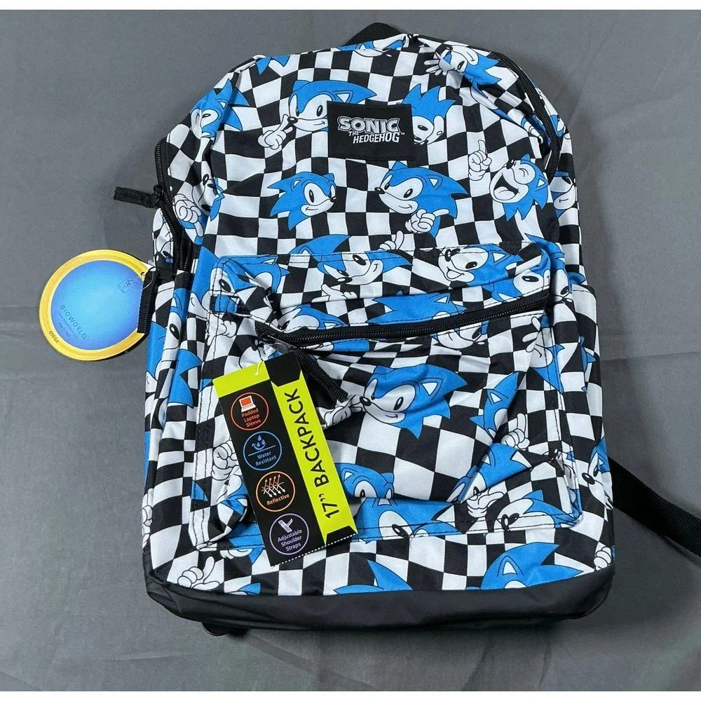 Sonic the Hedgehog Bioworld 17 Inch Backpack Checkered Blue Black White NWT